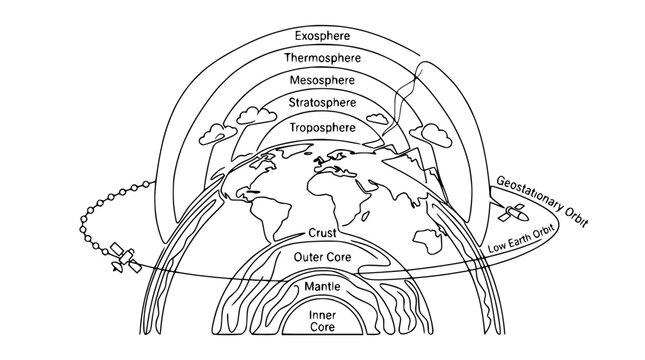 Earth Atmosphere Layers and Orbiting Satellites Diagram