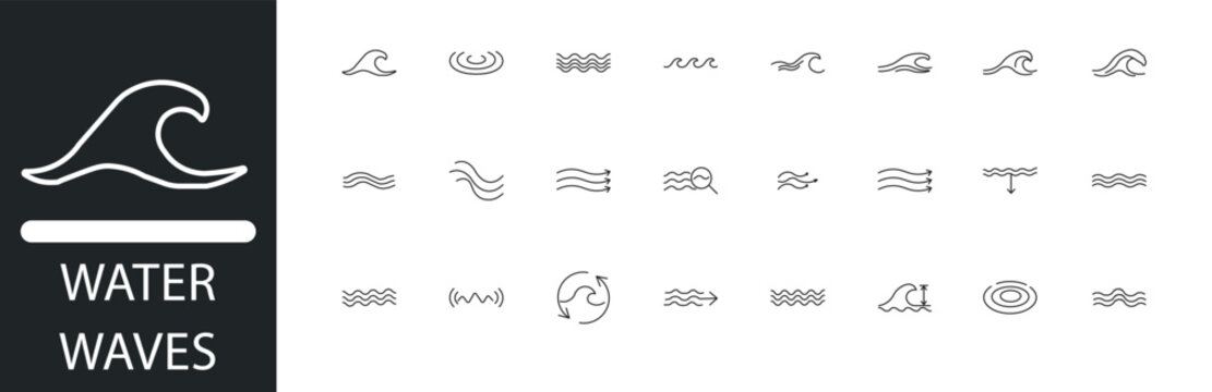 Water waves line icon set. Featuring ocean current, sea surf, water ripple, and liquid flow. Vector icons for pitch decks, weather apps, and UI dashboards.