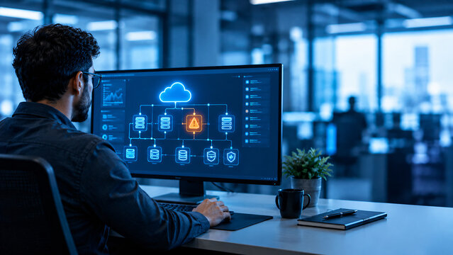 Cloud engineer monitoring network security infrastructure on a computer workstation