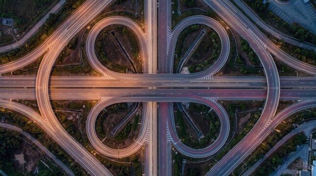 Aerial view of a cloverleaf highway interchange at dusk, showing intersecting roads and curved ramps illuminated by warm golden sunset light and vehicle tail lights