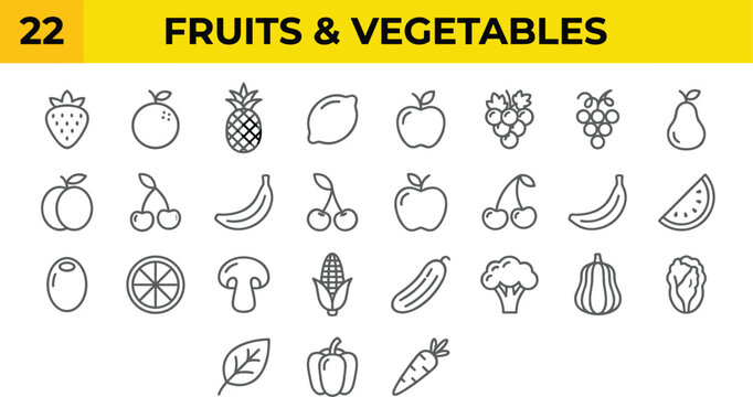 Fruits and Vegetables Line Icon Set with Strawberry, Orange, Apple, Banana, Watermelon, and Healthy Organic Food Symbols for Grocery App Graphic Designs