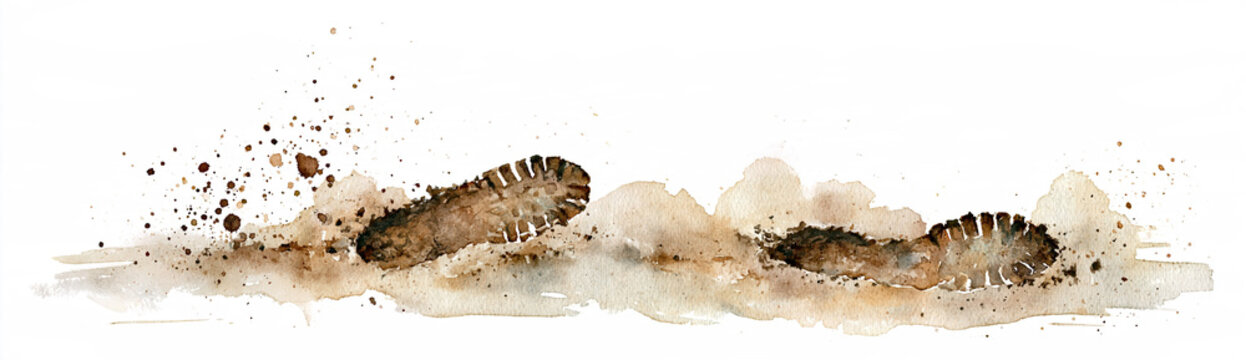 Footprints made by boot soles on a dusty, textured surface with splashes of dirt and earth tones.