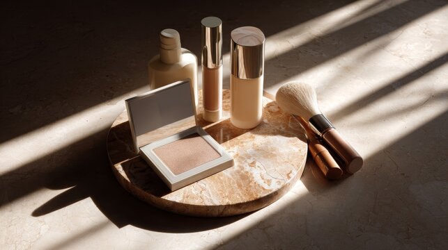 High-quality studio shot of assorted cosmetic products placed on marble tabletop, minimal beige disk accentuating composition, sunlight casting dramatic elongated shadows for a chic modern look