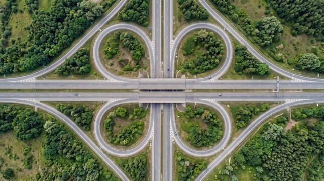 Aerial view of a cloverleaf highway interchange, featuring intersecting concrete roads surrounded by dense green forest foliage and grassy patches in a rural landscape