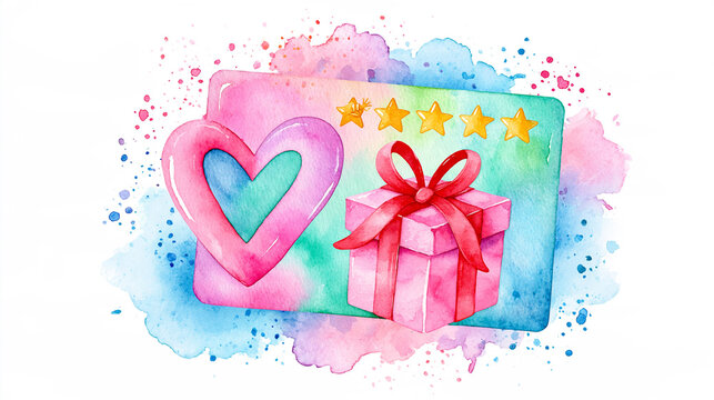 Watercolor illustration of a pink heart, a pink gift box with a red ribbon, and a five-star rating card on a colorful splash background.
