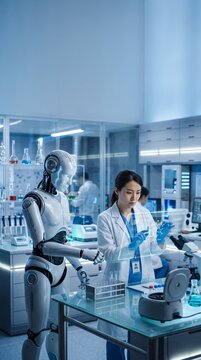 Innovative laboratory scene featuring a female scientist collaborating with a humanoid robot in advanced research