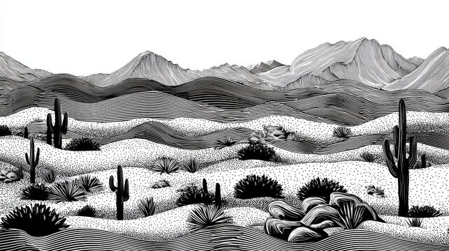 Vector desert scene arranged in a repeating tile, showing layered dunes, wild shrubs, scattered boulders and stylized cactus silhouettes in clean black outlines