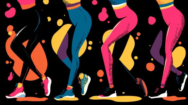 Stylized black-leggings legs in dynamic action poses paired with cartoon gloves, bold flat color fill and clean vector shapes for modern mascot artwork
