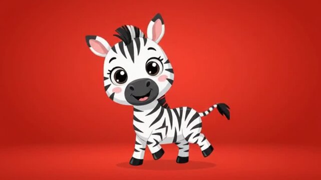 Cute cartoon baby zebra character walking happily with a smiling expression, isolated on a vibrant red studio background, vector illustration