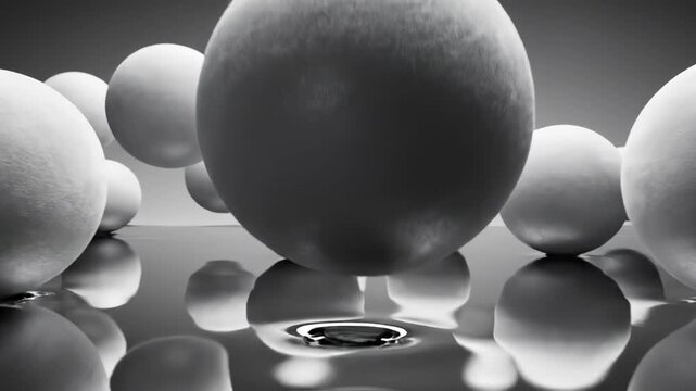 Abstract 3D render of matte white spheres floating over a reflective chrome liquid plane with high contrast monochromatic lighting and symmetrical reflections on a dark background.