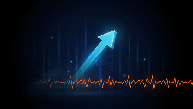 Abstract digital background with a glowing blue upward arrow and an orange heartbeat line representing growth, progress, and medical technology data