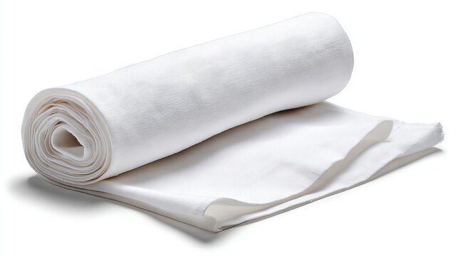 Rolled soft fabric napkin in crisp white cotton, realistic fibers and gentle creases, isolated on white background for hospitality use
