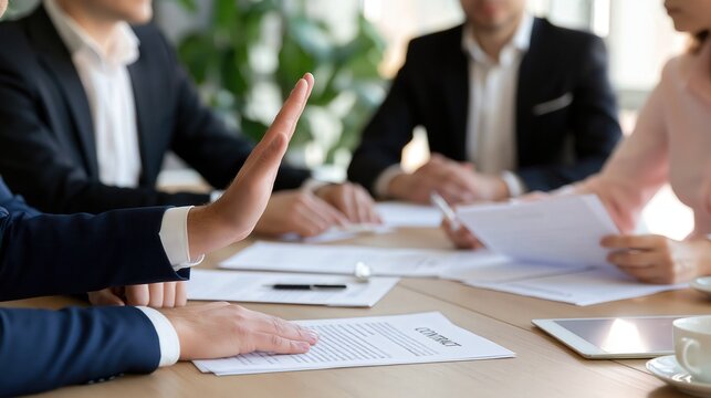 Professional disagreement is expressed by a person raising their hand during a business meeting.