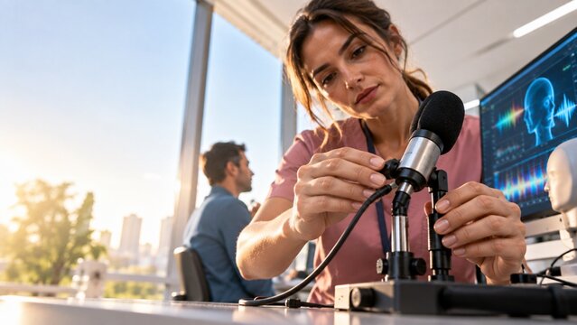 Specialist adjusts a vocal sensor while AI maps acoustic patterns