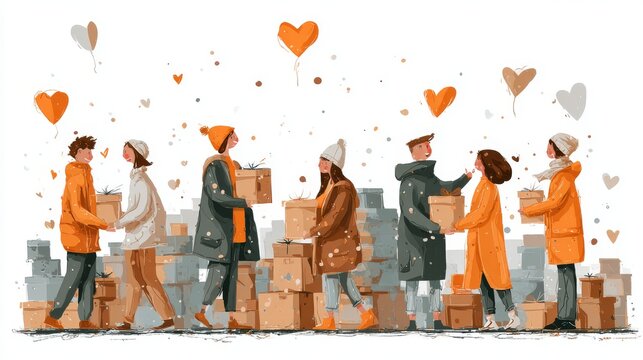 Friendly cartoon charity concept with illustrated people helping each other, food boxes, warm clothing piles, and symbolic hearts floating in the air, community support theme