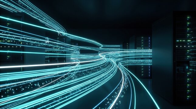 Next generation artificial intelligence architecture featuring Fiber optic matrix connecting ai in high tech corporate data center