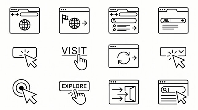 Web Navigation and Browser solid icon set containing icons for Browser Window URL Bar Mouse Click Visit Button and Search for web design