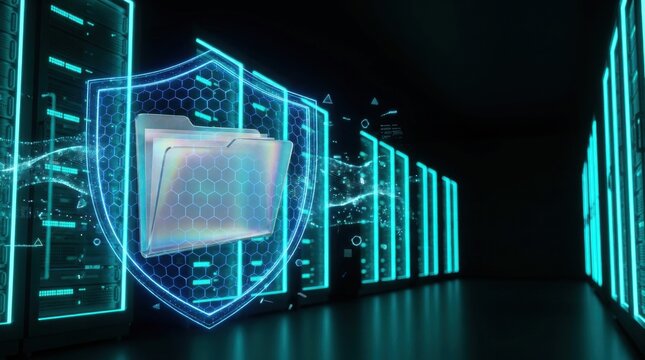 Next generation artificial intelligence architecture featuring Glass file folders cyber shield in high tech corporate data center