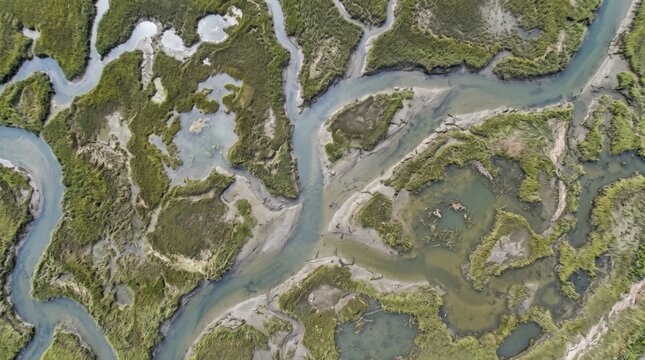 Aerial view of a coastal salt marsh with winding tidal channels, green vegetation, and exposed sandy mudflats, showcasing the intricate patterns of a river delta landscape