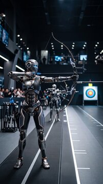Futuristic robot archer competing in technology driven archery tournament with high tech audience engagement