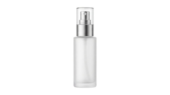 Frosted glass spray bottle with silver pump, cosmetic glass bottle mockup for serum or lotion, blank skincare packaging on white background