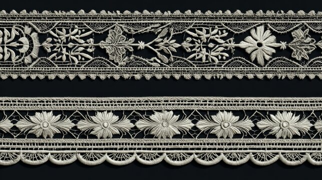 Assorted vintage lace trim set, symmetrical geometric and botanical designs, high-resolution vector style, realistic fabric shading, seamless tiling patterns prepared for fashion design use