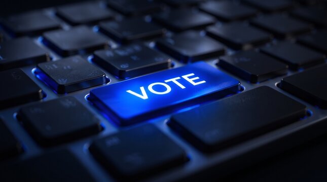 Glowing blue vote button on dark computer keyboard representing electronic voting and online democracy concept