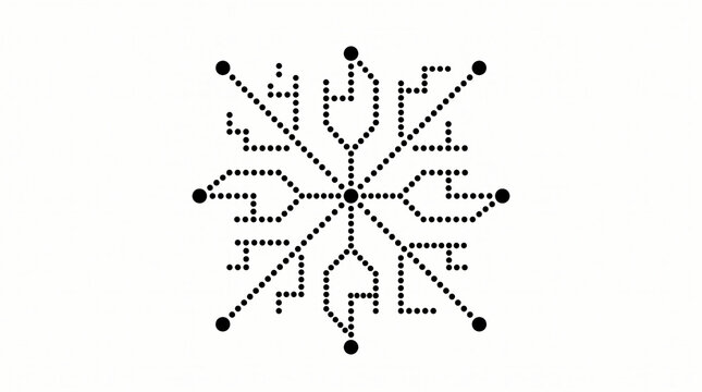 Geometric snowflake pattern formed by black dots. Abstract winter design element and digital matrix