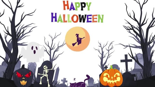 Happy Halloween Spooky Graveyard Animation with Skeleton and Witch