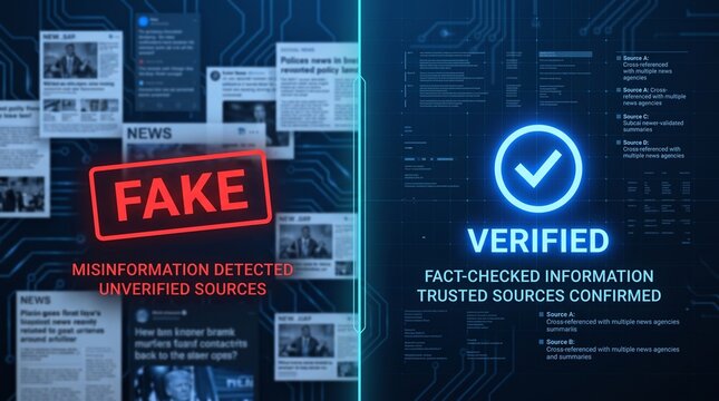 Split screen concept showing fake news detection versus verified fact checked information on digital technology background with check mark icon