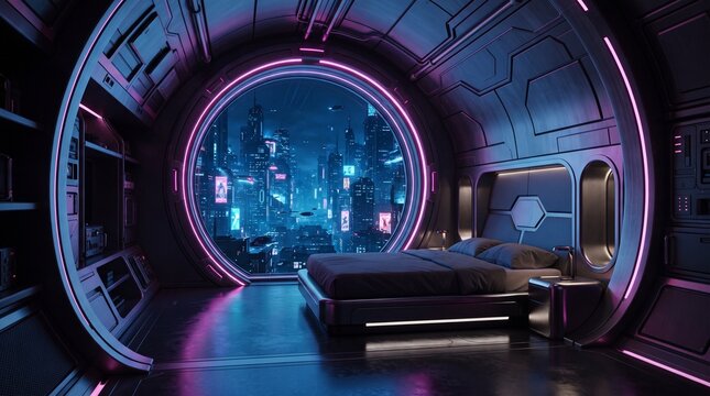 Circular Cyberpunk Apartment Window with Neon Blue Pink Purple Lighting and Futuristic Cabin Interior