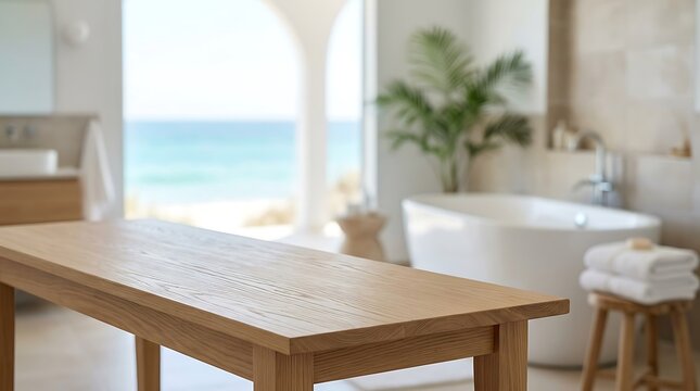 Empty wooden table mockup in luxury bathroom with sea view window for product display and spa presentation banner.