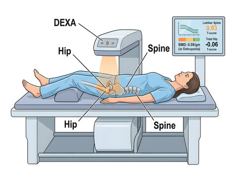 Dexa scan showing hip and spine measurement isolated on transparent background
