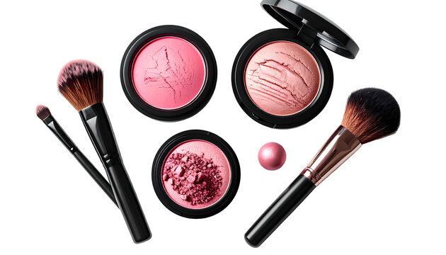 Makeup tools, blush compacts in various pink hues with brushes, against black backdrop