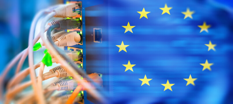 European Union digital infrastructure, network equipment and data connections represent EU telecommunications, cybersecurity and digital sovereignty.
