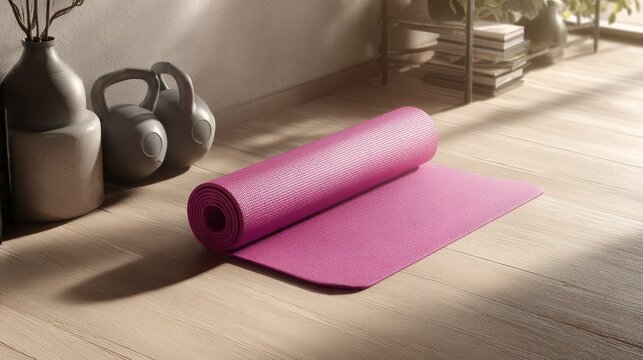 3D render of a minimalist gym corner featuring vivid viva magenta exercise mat unfurled on polished wood floor, soft shadows and contemporary styling