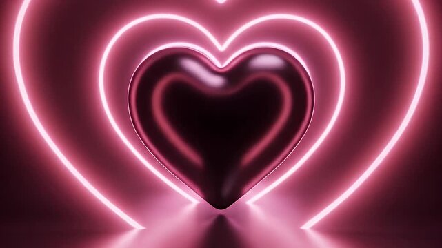 Glowing Neon Pink Hearts Form a Reflective Romantic Shape Under Dark Ambient Light