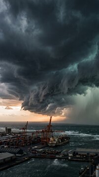Dramatic storm clouds loom over an industrial port at sunset creating a striking contrast with dark skies and strong winds