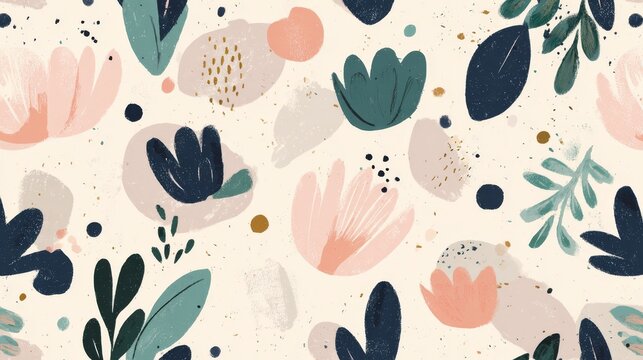 Minimal seamless botanical print with playful flower shapes and organic leaf forms, airy layout and subtle color tones