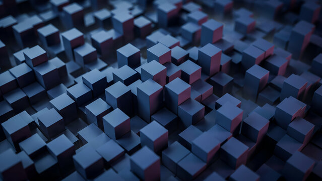 Abstract background of many blue cubes of different heights forming a 3d landscape with soft lighting and depth of field