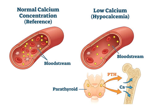 Hypocalcemia illustration showing calcium levels and parathyroid function isolated on transparent background