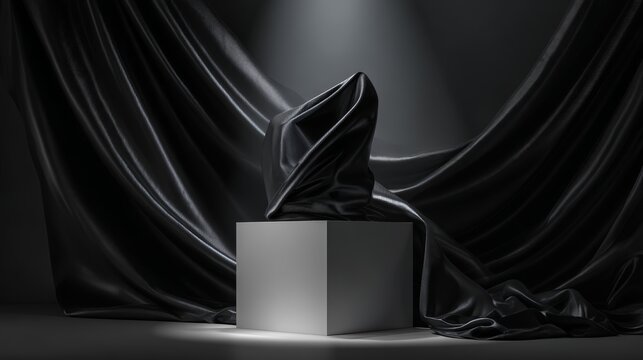 Minimalist luxury product display scene with glossy black silk folds cascading around a square pedestal, moody lighting and depth of field
