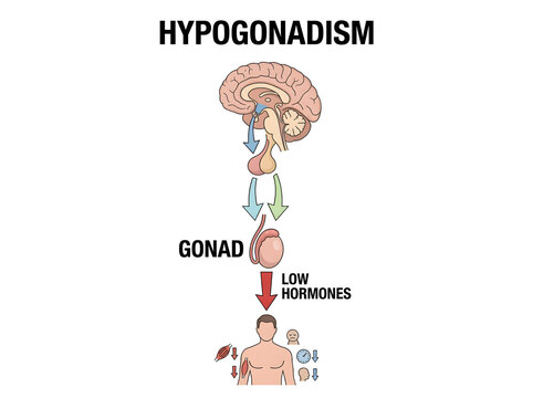Hypogonadism hormonal regulation diagram with brain and gonads isolated on transparent background