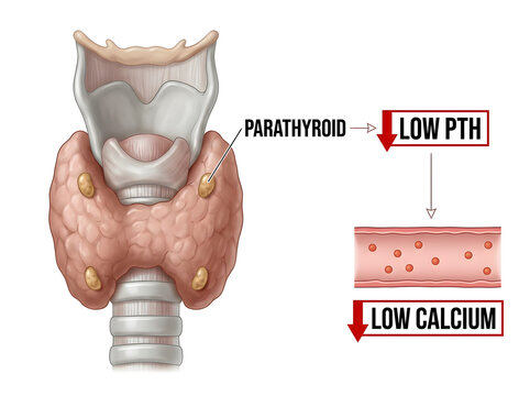Low pth from parathyroid gland causing low calcium levels isolated on transparent background