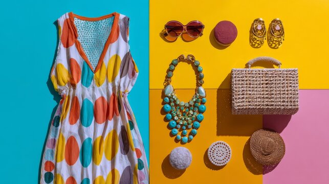 Summer holiday outfit collection with beachwear, woven clutch, bold jewelry, and printed kaftan arranged in playful composition