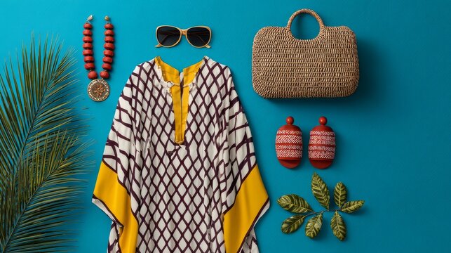 Summer holiday outfit collection with beachwear, woven clutch, bold jewelry, and printed kaftan arranged in playful composition