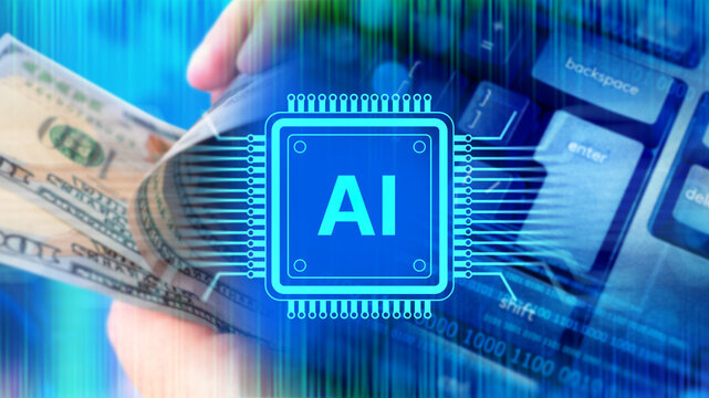 Artificial intelligence finance, AI technology analyzes financial data, digital payments and money transactions for automated banking and fintech services.