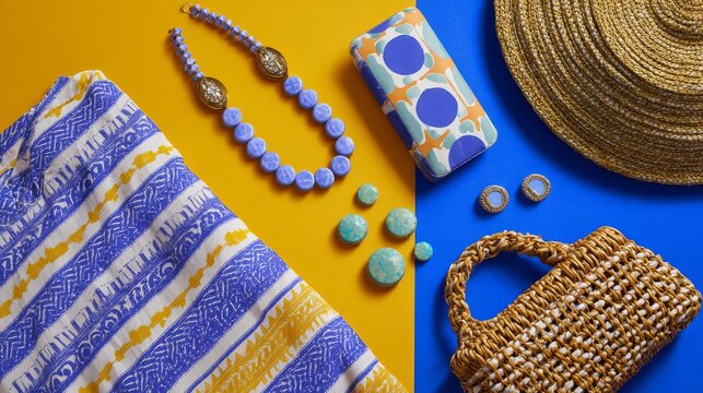 Summer holiday outfit collection with beachwear, woven clutch, bold jewelry, and printed kaftan arranged in playful composition