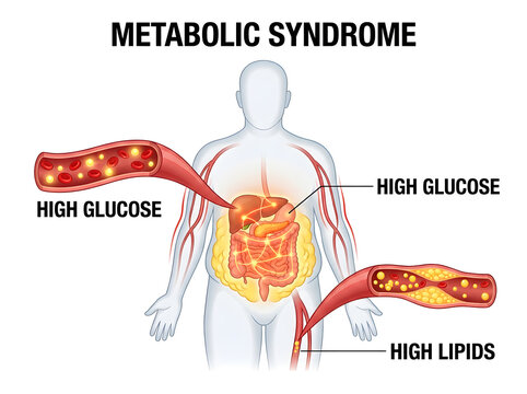 Metabolic syndrome illustration with high glucose and lipids in blood vessels isolated on transparent background