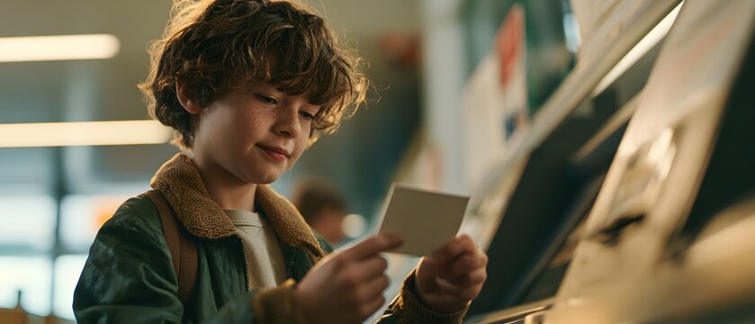 Child holding library card near self checkout kiosk in public library, focused on borrowing book independently